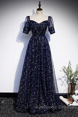 Navy Blue Short Sleeves Sweetheart Long Party Dresses, A-Line Blue Evening Gown