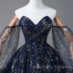 Navy Blue Tulle A-Line Long Party Dresses Evening Dresses, Navy Blue Long Evening Prom Dresses