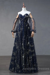 Navy Blue Tulle A-Line Long Party Dresses Evening Dresses, Navy Blue Long Evening Prom Dresses