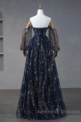 Navy Blue Tulle A-Line Long Party Dresses Evening Dresses, Navy Blue Long Evening Prom Dresses