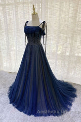 Navy Blue Tulle Beaded Long Evening Prom Dresses Evening Dresses