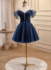 Navy Blue Tulle Beaded Short Prom Dress, Blue Tulle Off Shoulder Homecoming Dress
