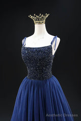 Navy Blue Tulle Beads Long A-Line Prom Dress, Elegant Spaghetti Strap Backless Evening Dress