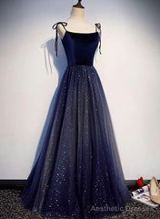 Navy Blue Tulle Straps Long Velvet Party Dress, Blue Prom Dress