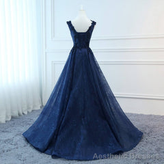 Navy Blue V-neckline Lace Long Party Dress with Flowers, Blue V-neckline Prom Dress