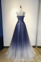 Navy Gradient A Line Tulle Long Formal Evening Prom Dresses