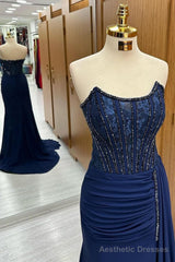 Navy Lace Beaded Strapless Long Formal Dress with Attached Train