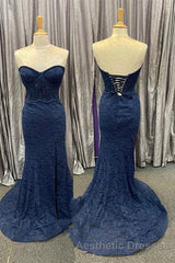 Mint Green Lace Strapless Mermaid  Long Evening Prom Dresses with Slit