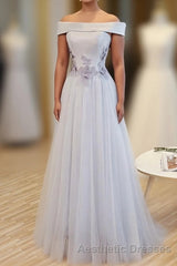 Gray A Line Off Shoulder Floor Length Evening Prom Dresses, Lace Evening Prom Dresses