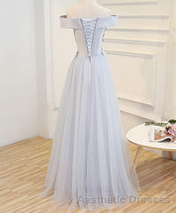 Gray A Line Off Shoulder Floor Length Evening Prom Dresses, Lace Evening Prom Dresses