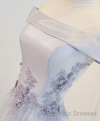 Gray A Line Off Shoulder Floor Length Evening Prom Dresses, Lace Evening Prom Dresses