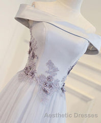 Gray A Line Off Shoulder Floor Length Evening Prom Dresses, Lace Evening Prom Dresses