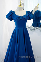 Noble And Elegant Blue Satin Retro Square Neck Short Sleeved Ball Dresses With Blue Backless Strap And Floor Length Evening Dresses