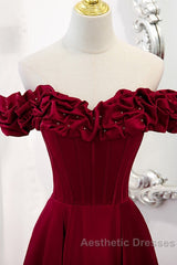 Noble And Elegant Wine Red Sleeveless Off Shoulder Beaded Ball Dresses With Wine Red A-Shaped Backless Strap And Ground Length Ruffled Hem Evening Prom Dresses
