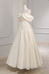 Off Shoulder A-Line Satin Beige Long Evening Prom Dresses, Beige Long Formal Dresses