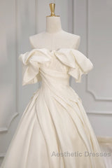 Off Shoulder A-Line Satin Beige Long Evening Prom Dresses, Beige Long Formal Dresses