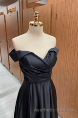 Off Shoulder Black Satin Long Evening Prom Dresses, Long Black Formal Graduation Evening Dresses