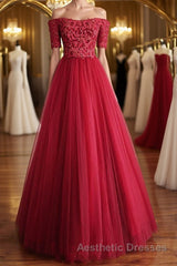 Off Shoulder Burgundy Lace Long Evening Prom Dresses, Burgundy Lace Formal Dresses, Burgundy Evening Dresses