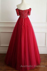 Off Shoulder Burgundy Lace Long Evening Prom Dresses, Burgundy Lace Formal Dresses, Burgundy Evening Dresses