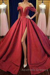 Off Shoulder Burgundy Satin Long Evening Prom Dresses, V Neck Burgundy Formal Evening Dresses, Burgundy Ball Gown
