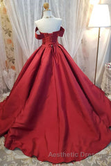 Off Shoulder Burgundy Satin Long Evening Prom Dresses, V Neck Burgundy Formal Evening Dresses, Burgundy Ball Gown