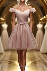 Off Shoulder Dusty Pink Tulle Short Evening Prom Homecoming Dresses, Short Pink Formal Graduation Evening Dresses