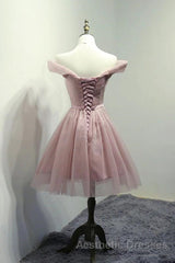 Off Shoulder Dusty Pink Tulle Short Evening Prom Homecoming Dresses, Short Pink Formal Graduation Evening Dresses