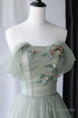 Off Shoulder Green Tulle Floral Long Evening Prom Dresses, Off the Shoulder Green Formal Evening Dresses with 3D Flowers