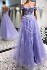 Off Shoulder Lavender Lace Long Evening Prom Dresses, Lilac Lace Formal Dresses, Purple Evening Prom Dresses