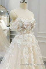 Off Shoulder Light Champagne Tulle Lace Long Evening Prom Dresses, Light Champagne Lace Formal Evening Dresses