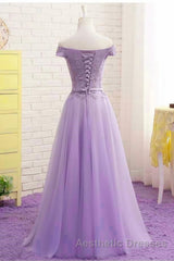 Off Shoulder Light Purple Lace Long Evening Prom Dresses, Off the Shoulder Lilac Lace Formal Dresses, Purple Evening Dresses