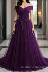 Off Shoulder Purple Tulle Long Evening Prom Dresses, Off the Shoulder Purple Formal Dresses, Purple Evening Dresses