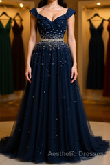 Off Shoulder Sequins Dark Blue Long Evening Prom Dresses, Dark Blue Formal Dresses, Off Shoulder Evening Dresses