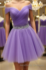 Off Shoulder Sequins Purple Short Evening Prom Dresses, Off the Shoulder Purple Homecoming Dresses, Short Purple Formal Evening Dresses