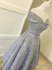 Off Shoulder Tea Length Gray Lace Evening Prom Dresses, Off the Shoulder Gray Homecoming Dresses, Gray Lace Formal Evening Dresses