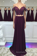 Off Shoulder Two Pieces Purple Lace Long Evening Prom Dresses, 2 Pieces Purple Formal Dresses, Purple Lace Evening Dresses