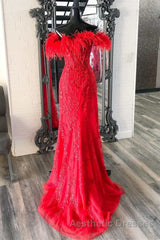 Off Shoulder V Neck Mermaid Red Lace Long Evening Prom Dresses with High Slit, Mermaid Red Formal Dresses, Red Lace Evening Dresses