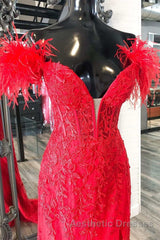 Off Shoulder V Neck Mermaid Red Lace Long Evening Prom Dresses with High Slit, Mermaid Red Formal Dresses, Red Lace Evening Dresses