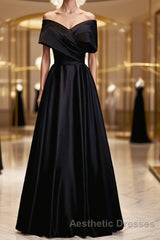 Off the Shoulder Black Long Evening Prom Dresses with Corset Back, Black Off the Shoulder Formal Evening Dresses