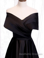 Off the Shoulder Black Long Evening Prom Dresses with Corset Back, Black Off the Shoulder Formal Evening Dresses