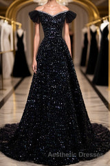 Off the Shoulder Black Sequin Evening Prom Dresses, Black Long Formal Evening Dresses