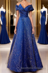 Off the Shoulder Blue Long Evening Prom Dresses, Off Shoulder Long Formal Evening Dresses