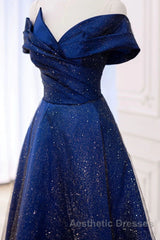 Off the Shoulder Blue Long Evening Prom Dresses, Off Shoulder Long Formal Evening Dresses