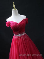 Off the Shoulder Burgundy Evening Prom Dresses with Beaded Belt, Wine Red Long Formal Evening Dresses