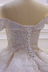 Off the shoulder Champange Puffy ball Gown Sparkle Wedding Dresses