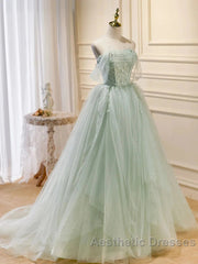 Off The Shoulder Green Tulle Long Evening Prom Dresses, Green Long Formal Evening Dresses