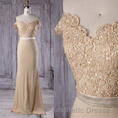 Off the Shoulder Mermaid Champagne Lace Long Evening Prom Dresses, Off Shoulder Mermaid Champagne Formal Graduation Evening Dresses, Mermaid Champagne Lace Bridesmaid Dresses