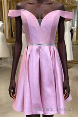 Off the Shoulder Pink Satin Short Evening Prom Homecoming Dresses with Belt, Off Shoulder Pink Formal Graduation Evening Dresses
