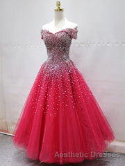 Off the Shoulder Red Long Evening Prom Gown, Off the Shoulder Red Beaded Formal Evening Dresses