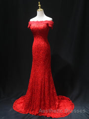 Off the Shoulder Red Mermaid Lace Evening Prom Dresses, Red Mermaid Lace Formal Bridesmaid Dresses